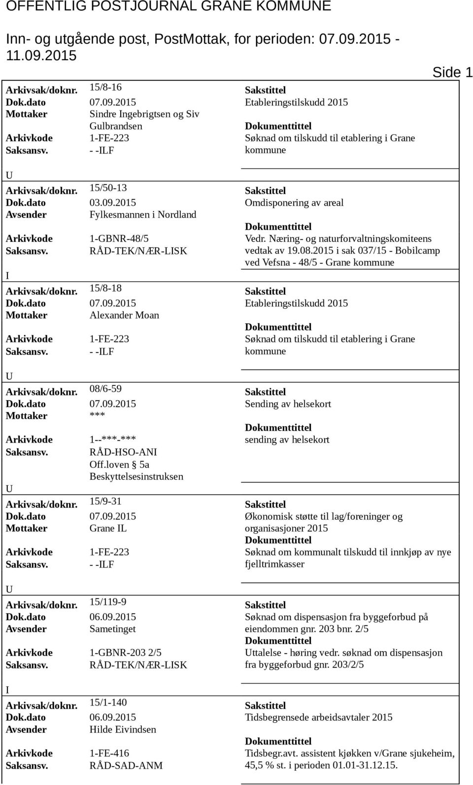 2015 Etableringstilskudd 2015 Mottaker Sindre ngebrigtsen og Siv Gulbrandsen Arkivkode 1-FE-223 Søknad om tilskudd til etablering i Grane Saksansv. - -LF kommune Side 1 Arkivsak/doknr.