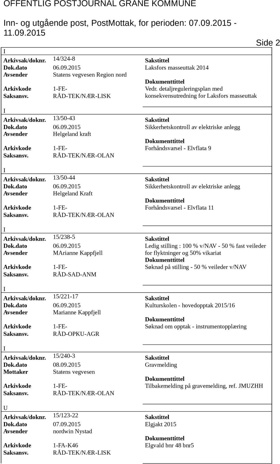 2015 Sikkerhetskontroll av elektriske anlegg Avsender Helgeland kraft Arkivkode 1-FE- Forhåndsvarsel - Elvflata 9 Arkivsak/doknr. 13/50-44 Sakstittel Dok.dato 06.09.