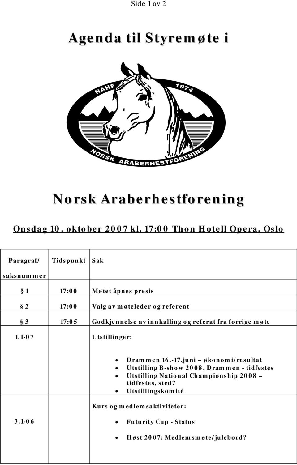 17:05 Godkjennelse av innkalling og referat fra forrige møte 1.1-07 Utstillinger: Drammen 16.-17.