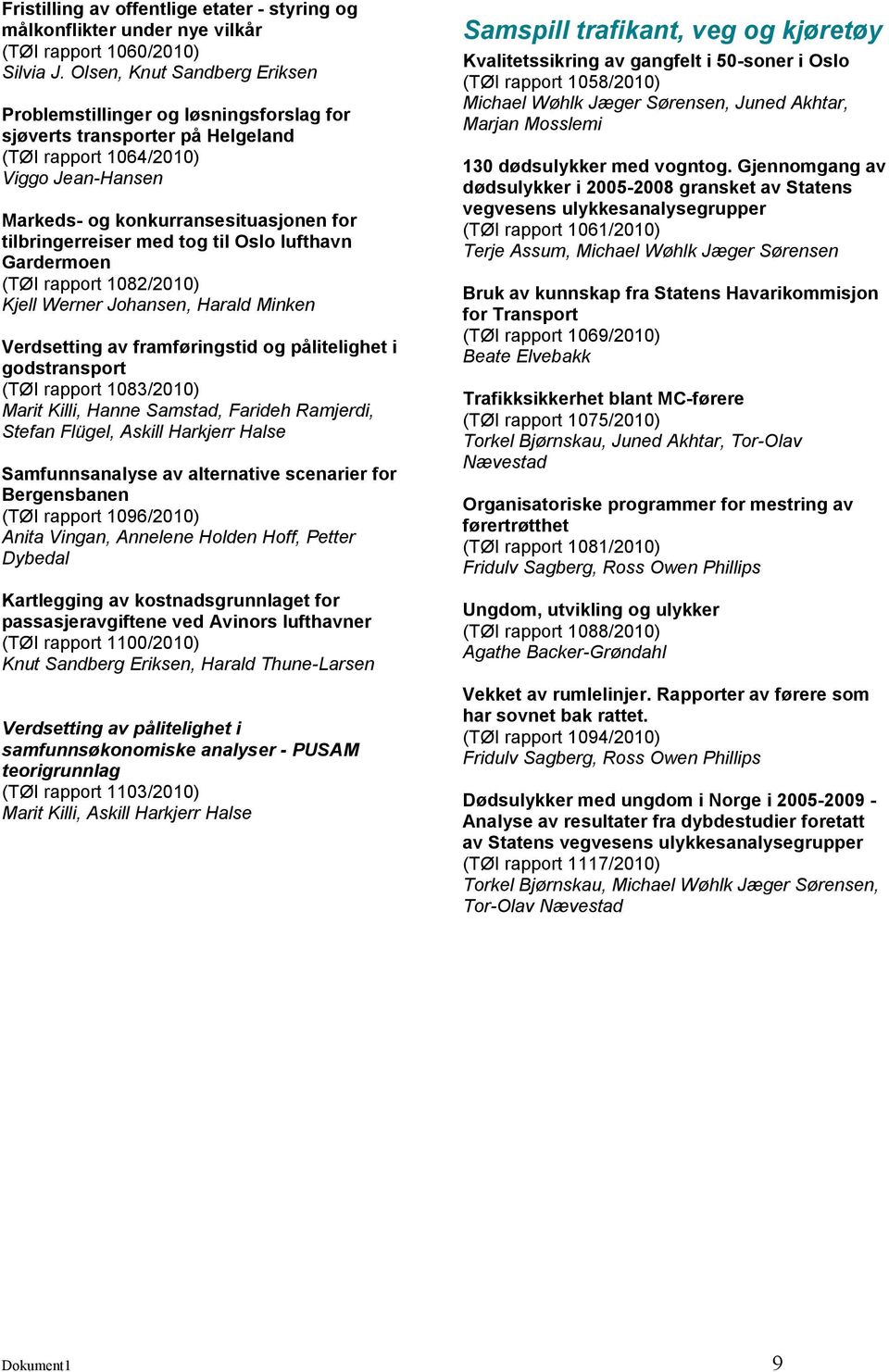 tilbringerreiser med tog til Oslo lufthavn Gardermoen (TØI rapport 1082/2010) Kjell Werner Johansen, Harald Minken Verdsetting av framføringstid og pålitelighet i godstransport (TØI rapport