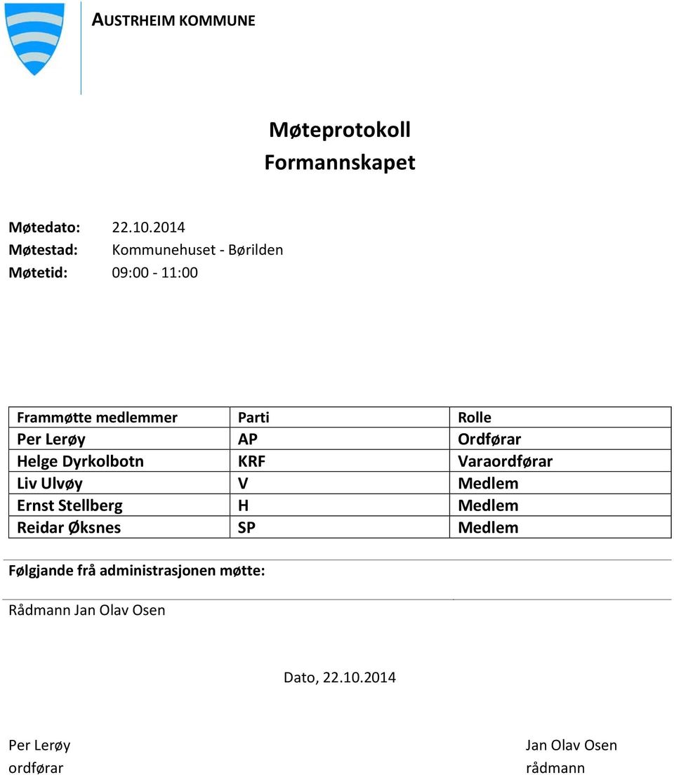 Lerøy AP Ordførar Helge Dyrkolbotn KRF Varaordførar Liv Ulvøy V Medlem Ernst Stellberg H Medlem