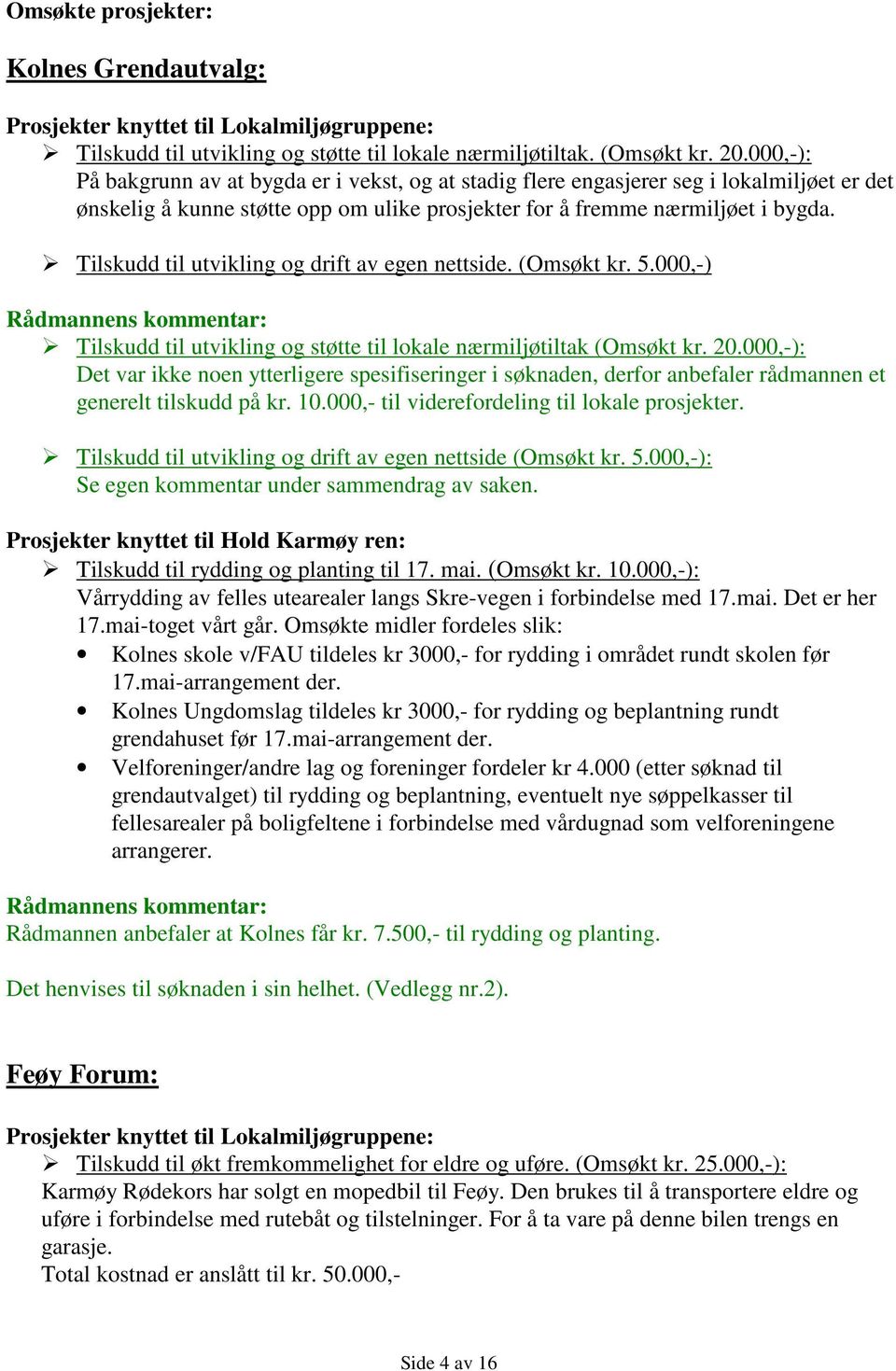 Tilskudd til utvikling og drift av egen nettside. (Omsøkt kr. 5.000,-) Tilskudd til utvikling og støtte til lokale nærmiljøtiltak (Omsøkt kr. 20.