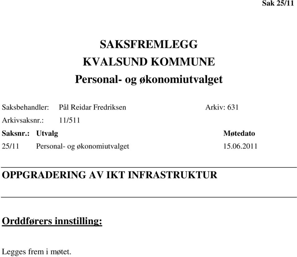 : 11/511 Saksnr.: Utvalg Møtedato 25/11 Personal- og økonomiutvalget 15.