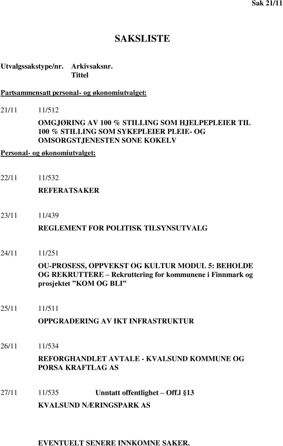 SONE KOKELV Personal- og økonomiutvalget: 22/11 11/532 REFERATSAKER 23/11 11/439 REGLEMENT FOR POLITISK TILSYNSUTVALG 24/11 11/251 OU-PROSESS, OPPVEKST OG KULTUR MODUL 5: