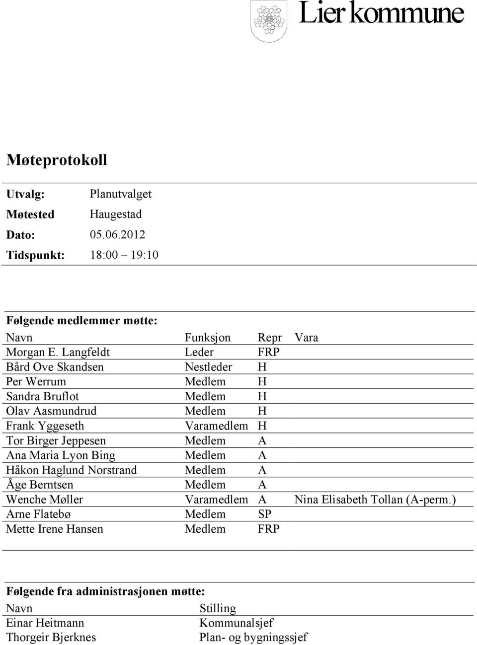 Langfeldt Leder FRP Bård Ove Skandsen Nestleder H Per Werrum Medlem H Sandra Bruflot Medlem H Olav Aasmundrud Medlem H Frank Yggeseth Varamedlem H Tor Birger