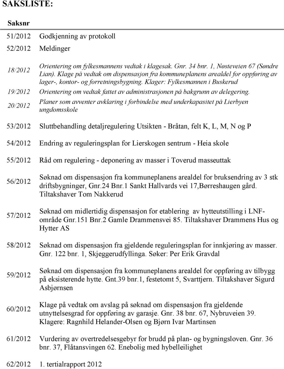 Klager: Fylkesmannen i Buskerud 19/2012 Orientering om vedtak fattet av administrasjonen på bakgrunn av delegering.