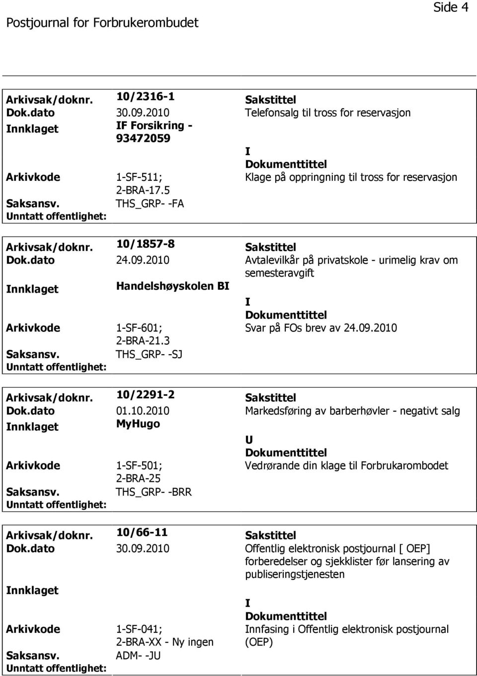 2010 Avtalevilkår på privatskole - urimelig krav om semesteravgift nnklaget Handelshøyskolen B 1-SF-601; 2-BRA-21.3 Svar på FOs brev av 24.09.2010 THS_GRP- -SJ Arkivsak/doknr.