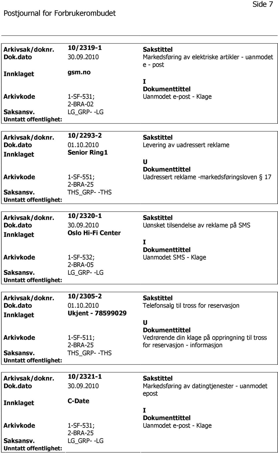 2293-2 Sakstittel Dok.dato 01.10.2010 Levering av uadressert reklame nnklaget Senior Ring1 1-SF-551; adressert reklame -markedsføringsloven 17 THS_GRP- -THS Arkivsak/doknr. 10/2320-1 Sakstittel Dok.