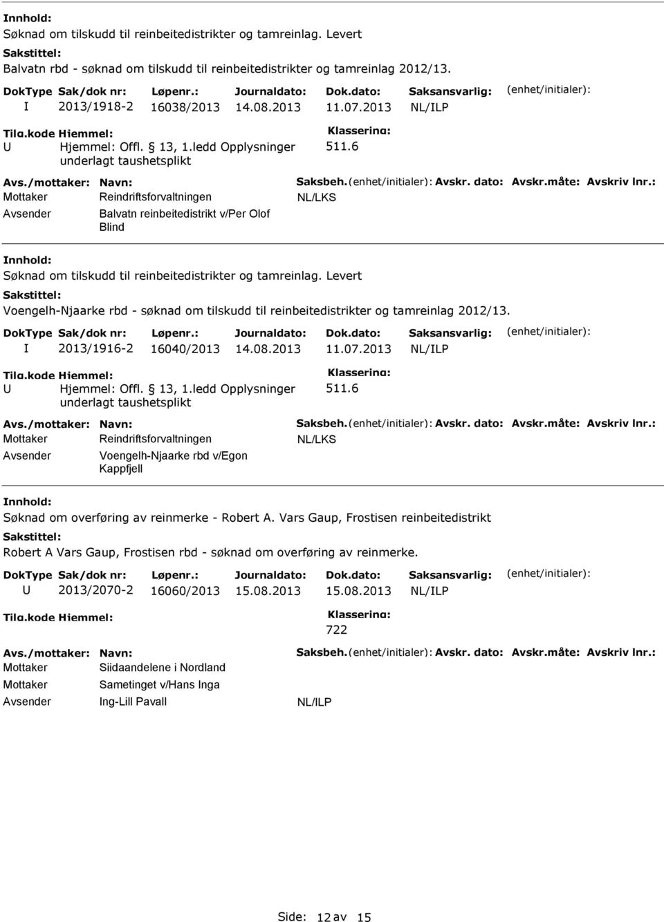 Levert Voengelh-Njaarke rbd - søknad om tilskudd til reinbeitedistrikter og tamreinlag 2012/13. 2013/1916-2 16040/2013 11.07.2013 Tilg.kode Hjemmel: Hjemmel: Offl. 13, 1.