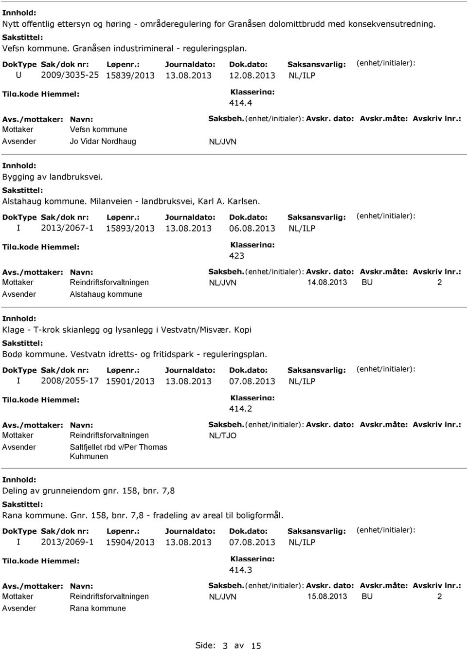 2013 423 B 2 Alstahaug kommune Klage - T-krok skianlegg og lysanlegg i Vestvatn/Misvær. Kopi Bodø kommune. Vestvatn idretts- og fritidspark - reguleringsplan. 2008/2055-17 15901/2013 07.08.2013 414.