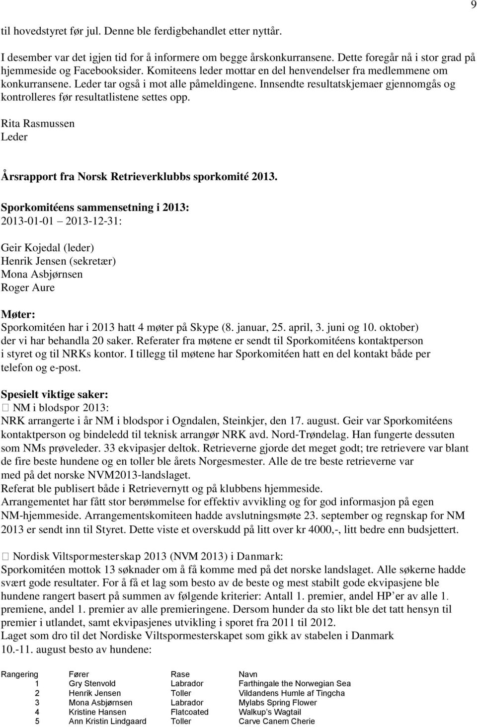 Innsendte resultatskjemaer gjennomgås og kontrolleres før resultatlistene settes opp. Rita Rasmussen Leder Årsrapport fra Norsk Retrieverklubbs sporkomité 2013.
