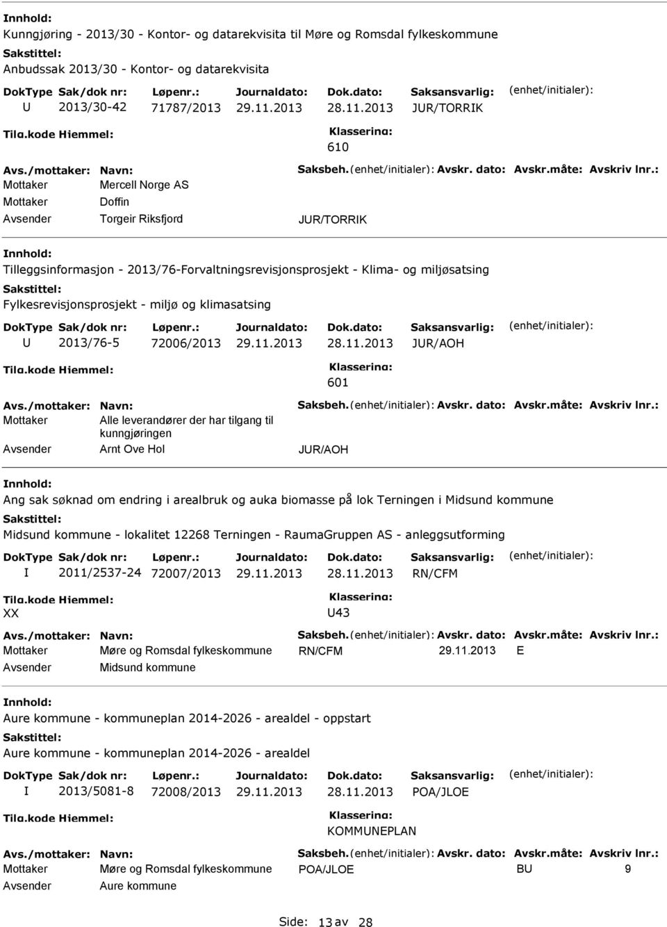 : Mottaker Mercell Norge AS Mottaker Doffin Torgeir Riksfjord JR/TORRK Tilleggsinformasjon - 2013/76-Forvaltningsrevisjonsprosjekt - Klima- og miljøsatsing Fylkesrevisjonsprosjekt - miljø og