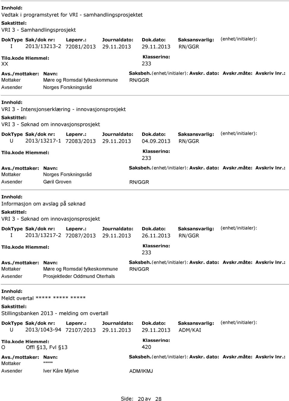 2013 RN/GGR 233 Avs./mottaker: Navn: Saksbeh. Avskr. dato: Avskr.måte: Avskriv lnr.