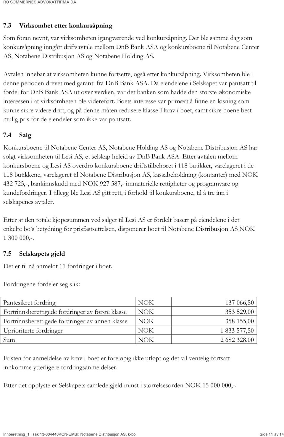 Avtalen innebar at virksomheten kunne fortsette, også etter konkursåpning. Virksomheten ble i denne perioden drevet med garanti fra DnB Bank ASA.