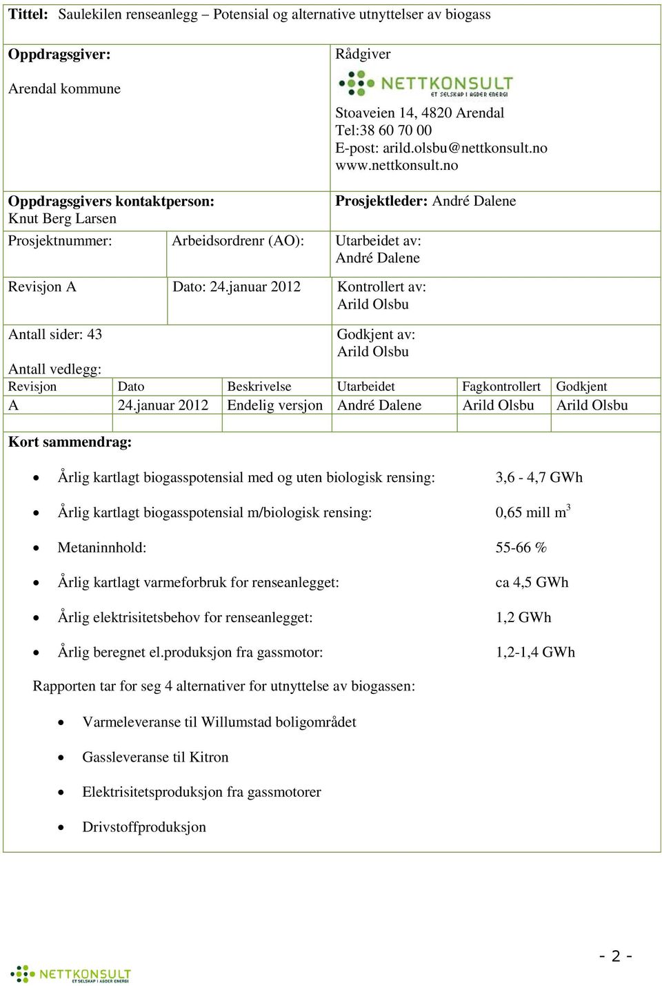 januar 2012 Kntrllert av: Arild Olsbu Antall sider: 43 Gdkjent av: Arild Olsbu Antall vedlegg: Revisjn Dat Beskrivelse Utarbeidet Fagkntrllert Gdkjent A 24.