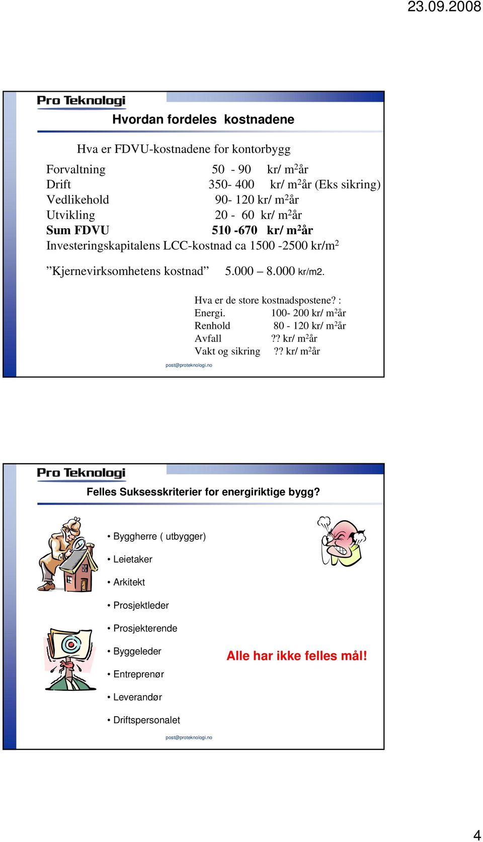 Hva er de store kostnadspostene? : Energi. 100-200 kr/ m 2 år Renhold 80-120 kr/ m 2 år Avfall?? kr/ m 2 år Vakt og sikring?