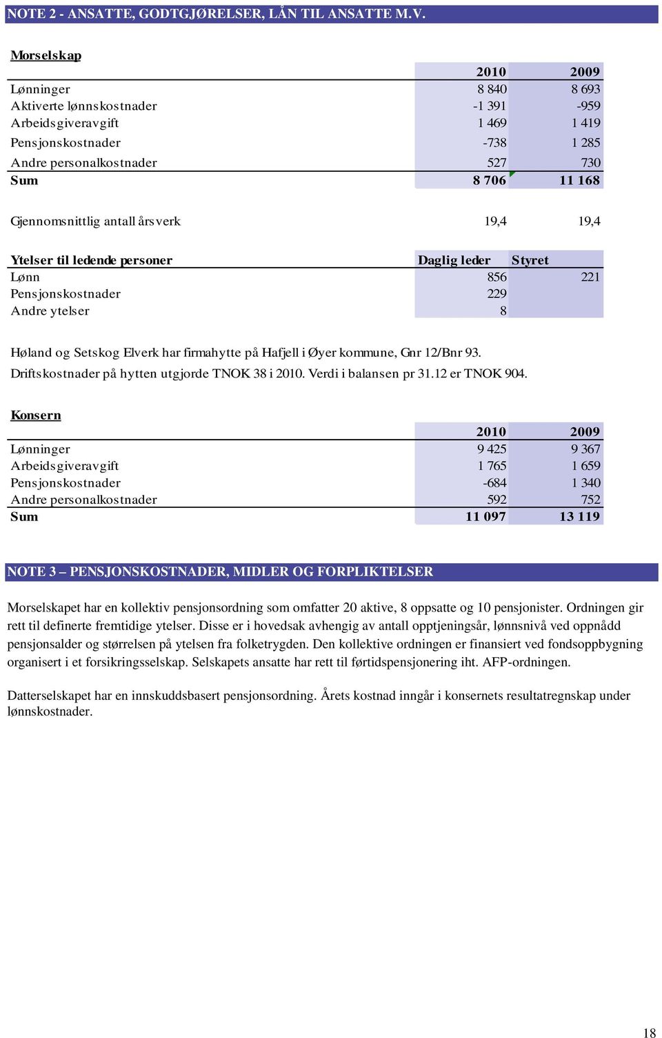 Gjennomsnittlig antall årsverk 19,4 19,4 Ytelser til ledende personer Daglig leder Styret Lønn 856 221 Pensjonskostnader 229 Andre ytelser 8 Høland og Setskog Elverk har firmahytte på Hafjell i Øyer