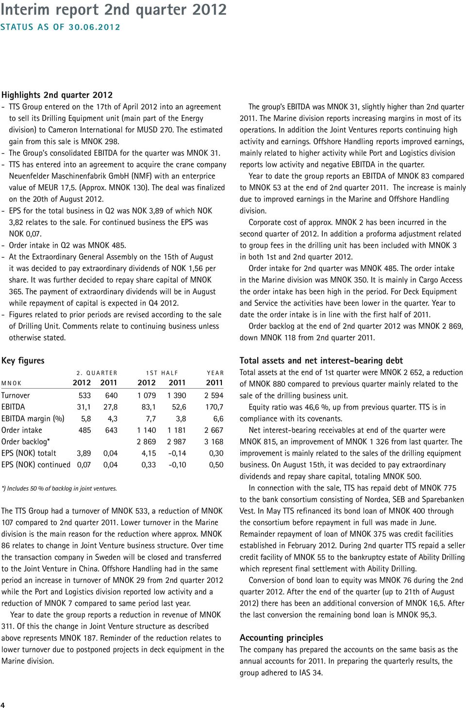 MUSD 270. The estimated gain from this sale is MNOK 298. - The Group s consolidated EBITDA for the quarter was MNOK 31.