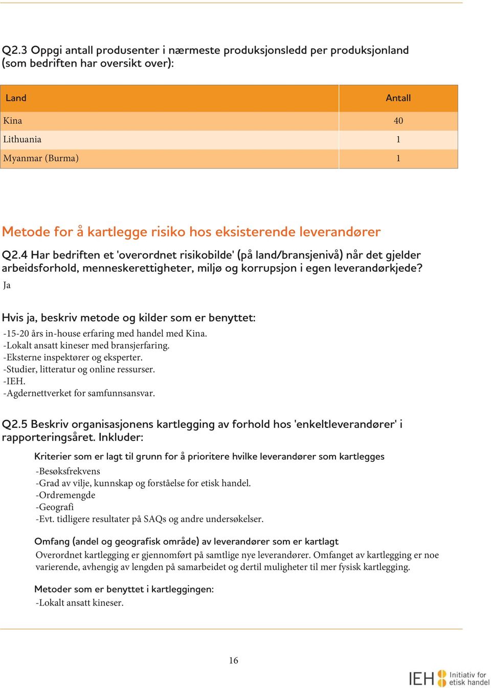 Ja Hvis ja, beskriv metode og kilder som er benyttet: -15-20 års in-house erfaring med handel med Kina. -Lokalt ansatt kineser med bransjerfaring. -Eksterne inspektører og eksperter.