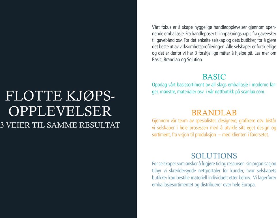 Les mer om Basic, Brandlab og Solution. FLOTTE KJØPS- OPPLEVELSER 3 VEIER TIL SAMME RESULTAT BASIC Oppdag vårt basissortiment av all slags emballasje i moderne farger, mønstre, materialer osv.