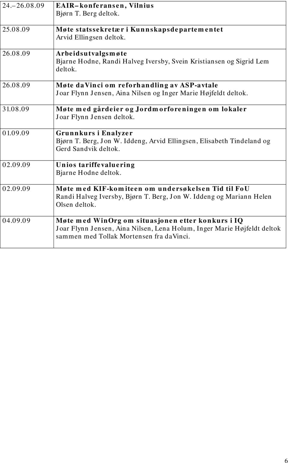 01.09.09 Grunnkurs i Enalyzer Bjørn T. Berg, Jon W. Iddeng, Arvid Ellingsen, Elisabeth Tindeland og Gerd Sandvik deltok. 02.09.09 Unios tariffevaluering 02.09.09 Møte med KIF-komiteen om undersøkelsen Tid til FoU Randi Halveg Iversby, Bjørn T.