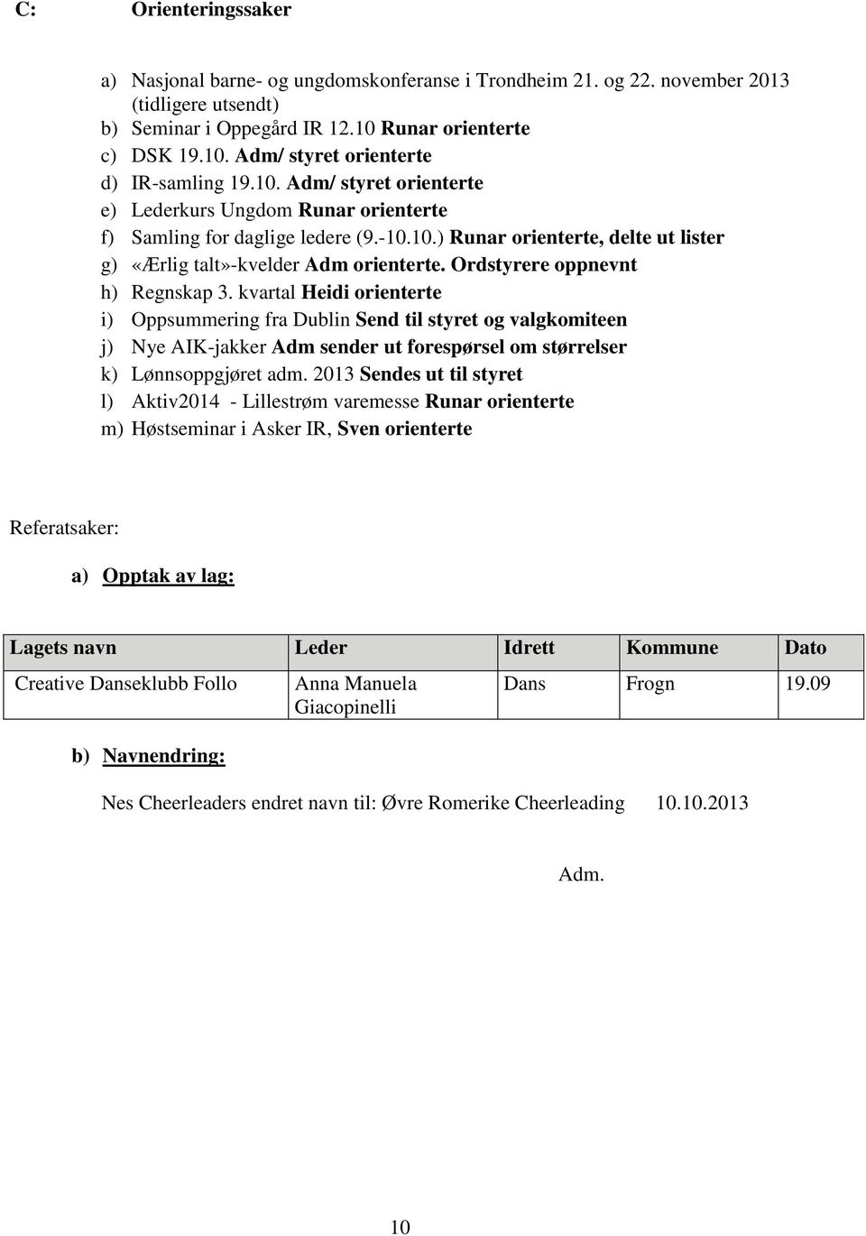 Ordstyrere oppnevnt h) Regnskap 3. kvartal Heidi orienterte i) Oppsummering fra Dublin Send til styret og valgkomiteen j) Nye AIK-jakker Adm sender ut forespørsel om størrelser k) Lønnsoppgjøret adm.