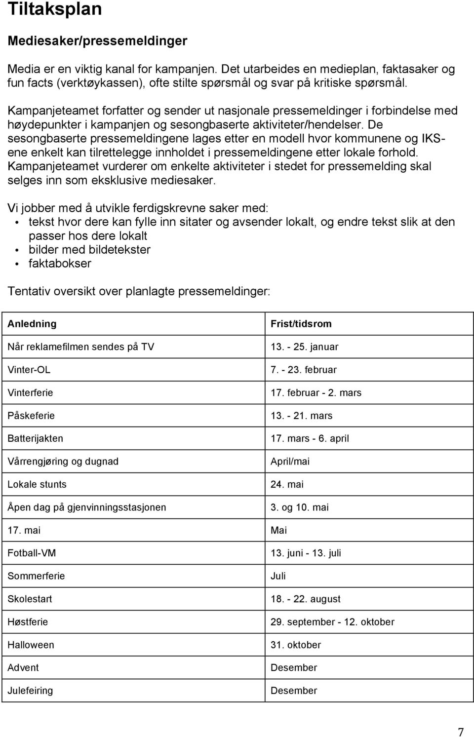 De sesongbaserte pressemeldingene lages etter en modell hvor kommunene og IKSene enkelt kan tilrettelegge innholdet i pressemeldingene etter lokale forhold.