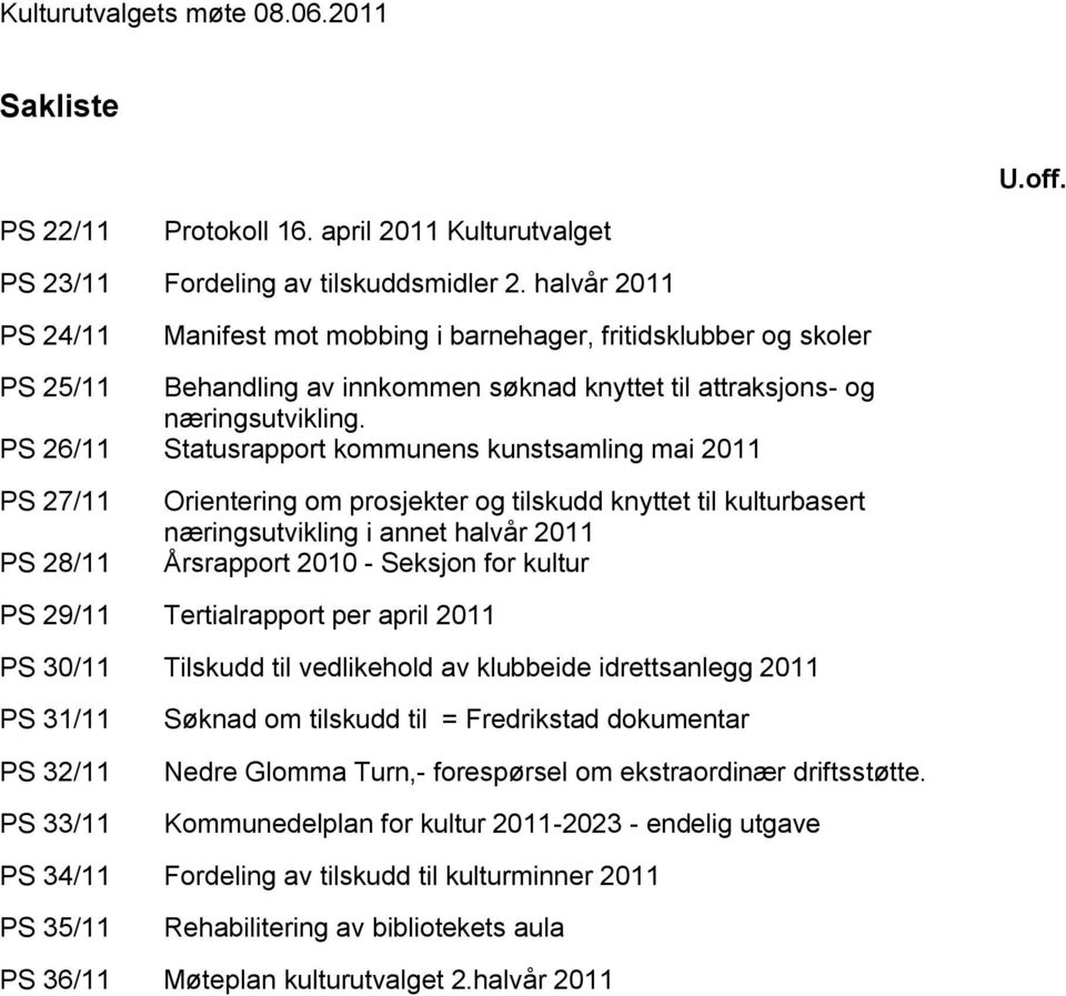 PS 26/11 Statusrapport kommunens kunstsamling mai 2011 PS 27/11 PS 28/11 Orientering om prosjekter og tilskudd knyttet til kulturbasert næringsutvikling i annet halvår 2011 Årsrapport 2010 - Seksjon