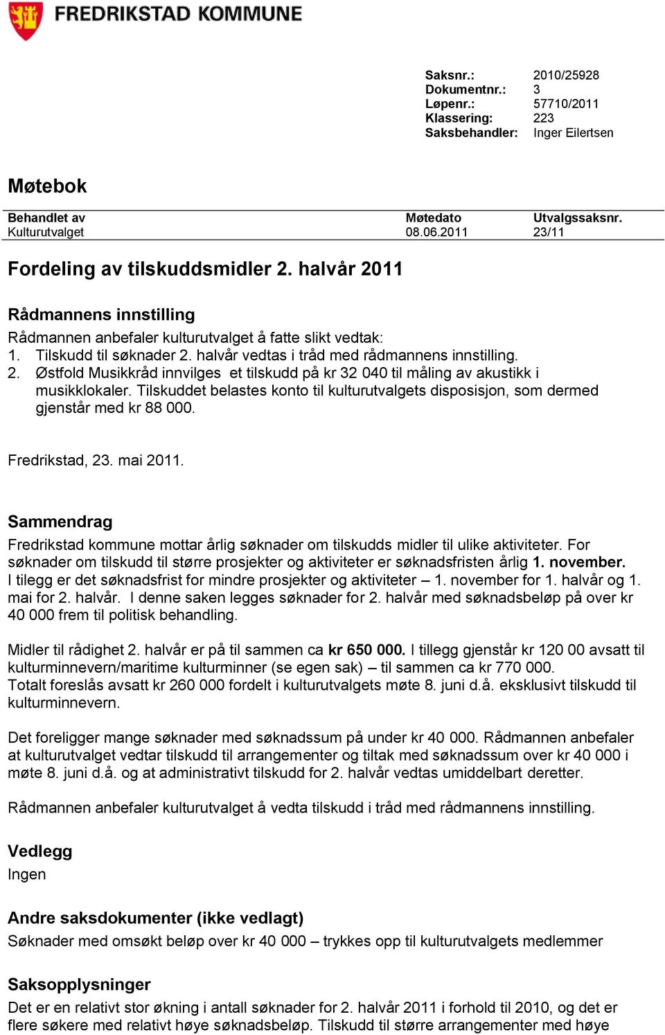 halvår vedtas i tråd med rådmannens innstilling. 2. Østfold Musikkråd innvilges et tilskudd på kr 32 040 til måling av akustikk i musikklokaler.