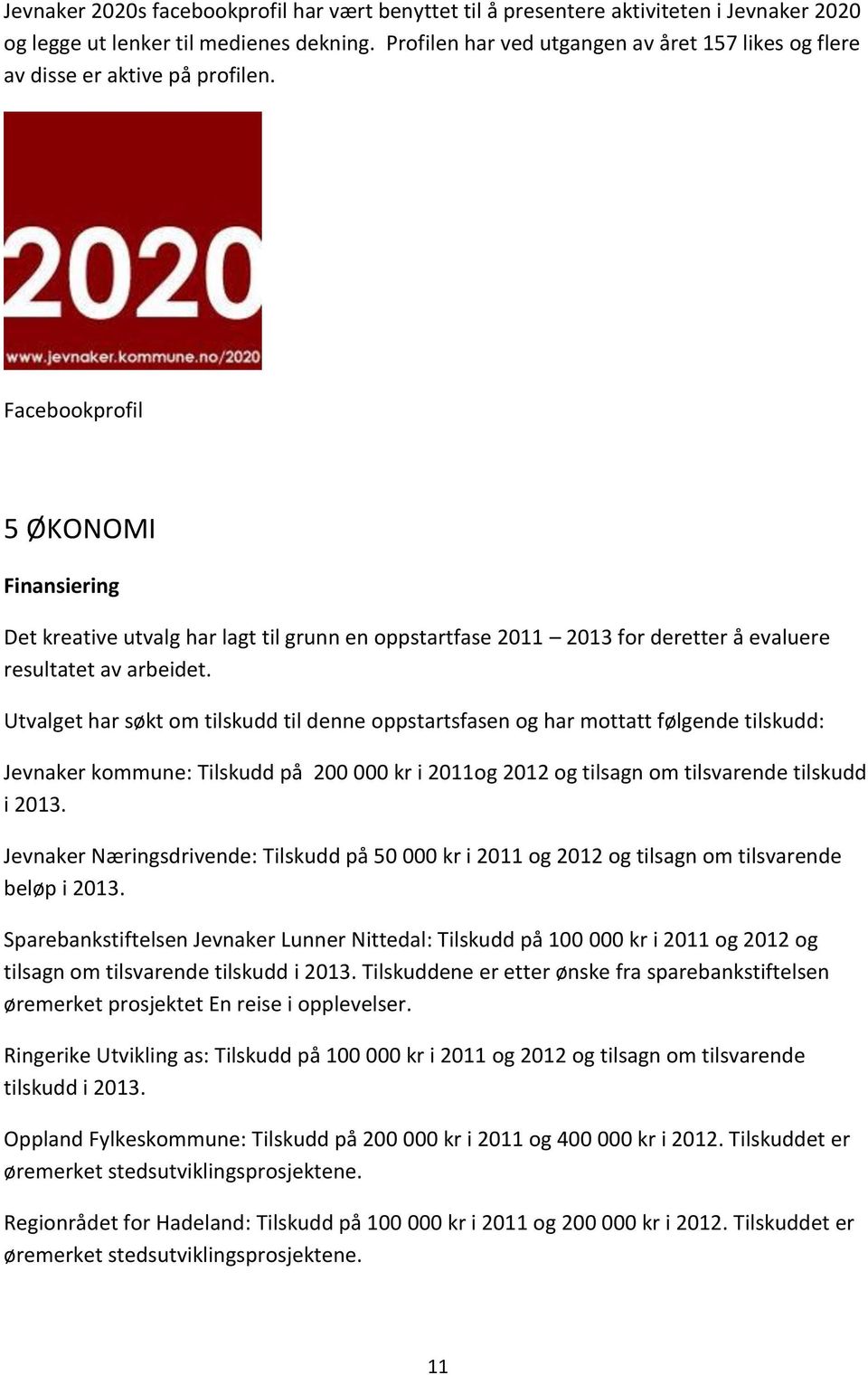 Facebookprofil 5 ØKONOMI Finansiering Det kreative utvalg har lagt til grunn en oppstartfase 2011 2013 for deretter å evaluere resultatet av arbeidet.