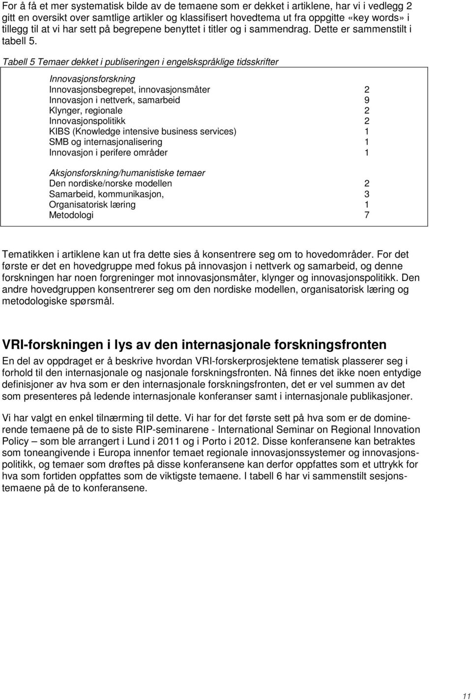 Tabell 5 Temaer dekket i publiseringen i engelskspråklige tidsskrifter Innovasjonsforskning Innovasjonsbegrepet, innovasjonsmåter 2 Innovasjon i nettverk, samarbeid 9 Klynger, regionale 2