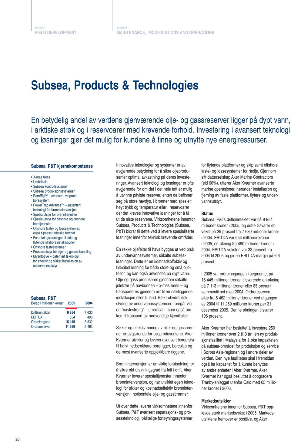 Subsea, P&T kjernekompetanse X-mas trees Umbilicals Subsea kontrollsystemer Subsea produksjonssystemer RamRig avansert, velprøvd boresystem PowerTrac Advance patentert teknologi for brønnintervensjon