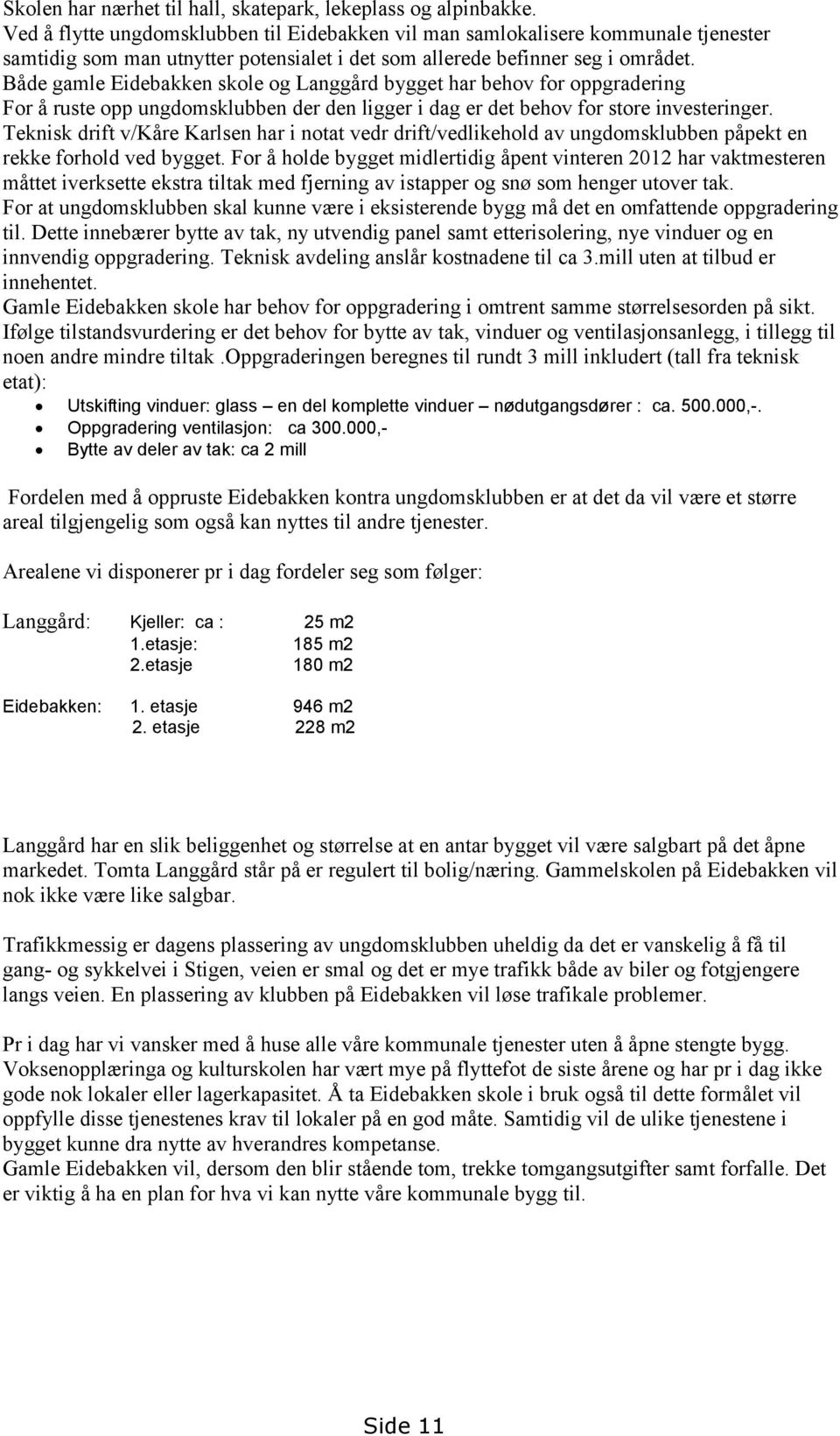 Både gamle Eidebakken skole og Langgård bygget har behov for oppgradering For å ruste opp ungdomsklubben der den ligger i dag er det behov for store investeringer.