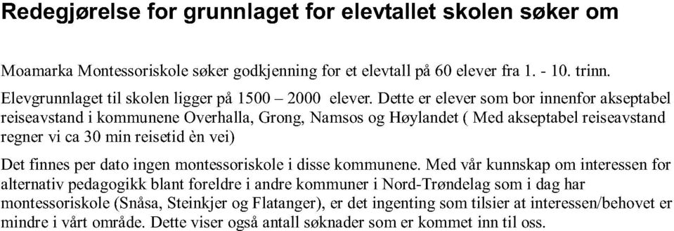 detteer eleversombor innenforakseptabel reiseavstandi kommuneneoverhalla,grong,namsosog Høylandet( Med akseptabel reiseavstand regnervi ca30 min reisetidènvei) Det