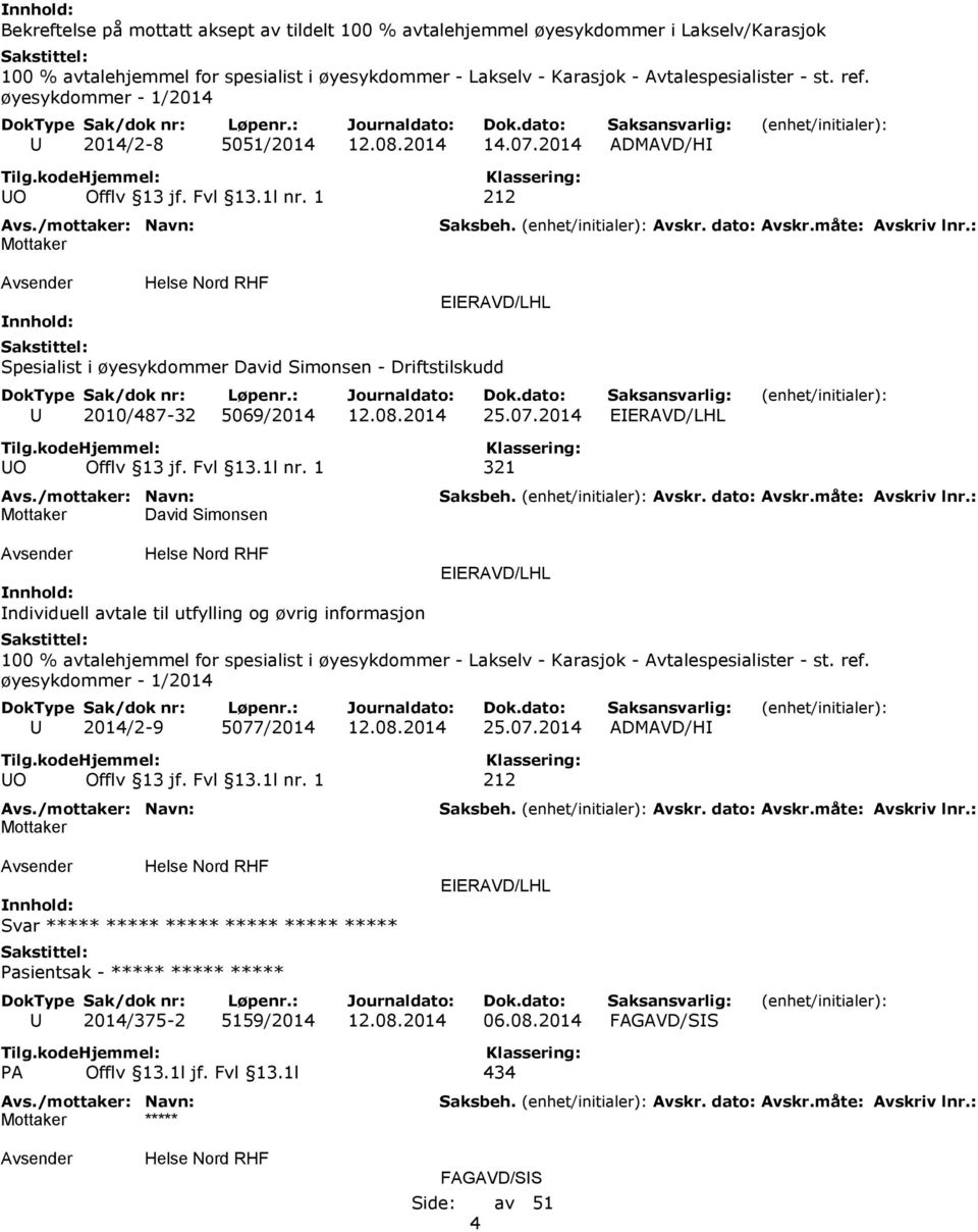 1 212 EIERAVD/LHL Spesialist i øyesykdommer David Simonsen - Driftstilskudd U 2010/487-32 5069/2014 12.08.2014 25.07.2014 EIERAVD/LHL UO Offlv 13 jf. Fvl 13.1l nr.