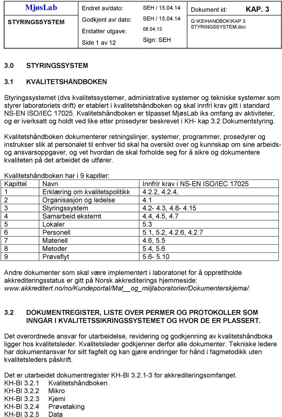 standard NS-EN ISO/IEC 17025. Kvalitetshåndboken er tilpasset MjøsLab iks omfang av aktiviteter, og er iverksatt og holdt ved like etter prosedyrer beskrevet i KH- kap 3.2 Dokumentstyring.