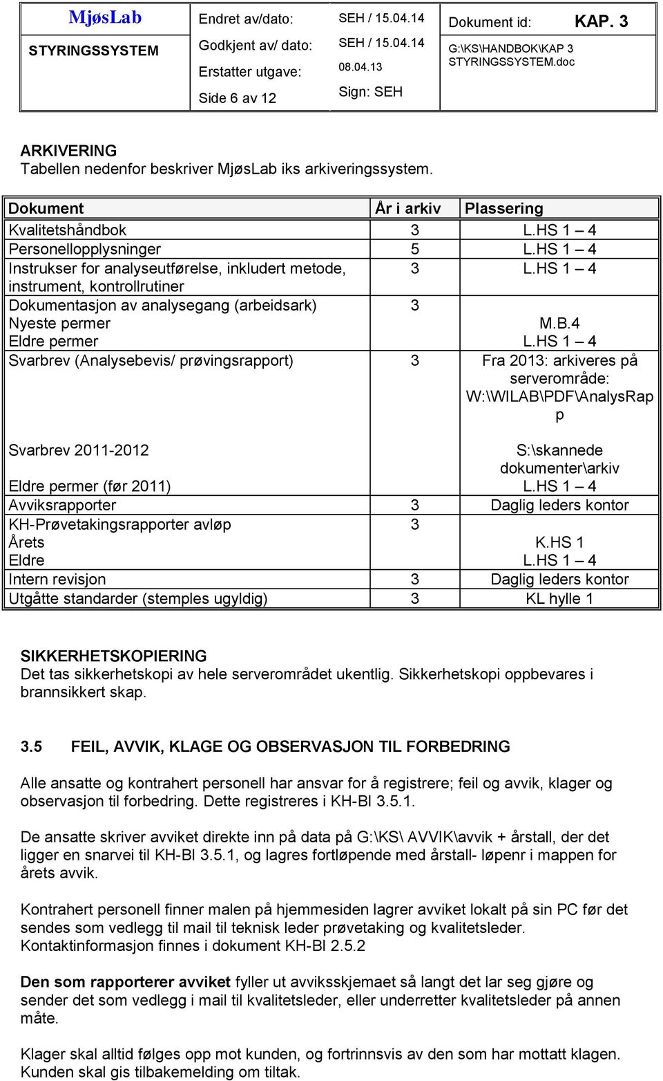 HS 1 4 Svarbrev (Analysebevis/ prøvingsrapport) 3 Fra 2013: arkiveres på serverområde: W:\WILAB\PDF\AnalysRap p Svarbrev 2011-2012 S:\skannede dokumenter\arkiv Eldre permer (før 2011) L.