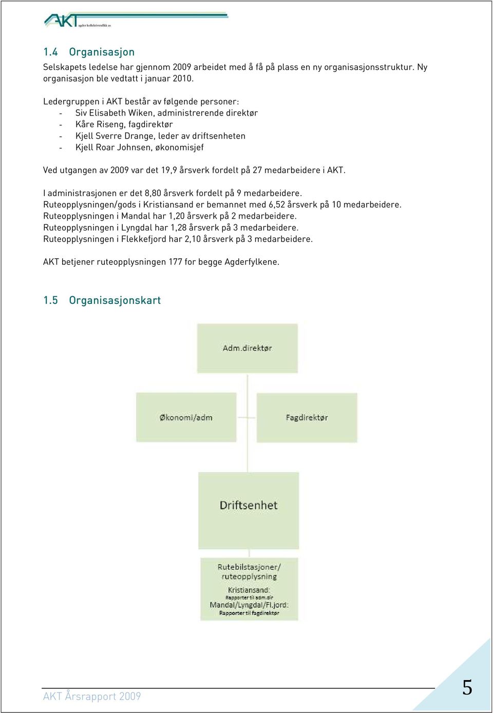 økonomisjef Ved utgangen av 2009 var det 19,9 årsverk fordelt på 27 medarbeidere i AKT. I administrasjonen er det 8,80 årsverk fordelt på 9 medarbeidere.