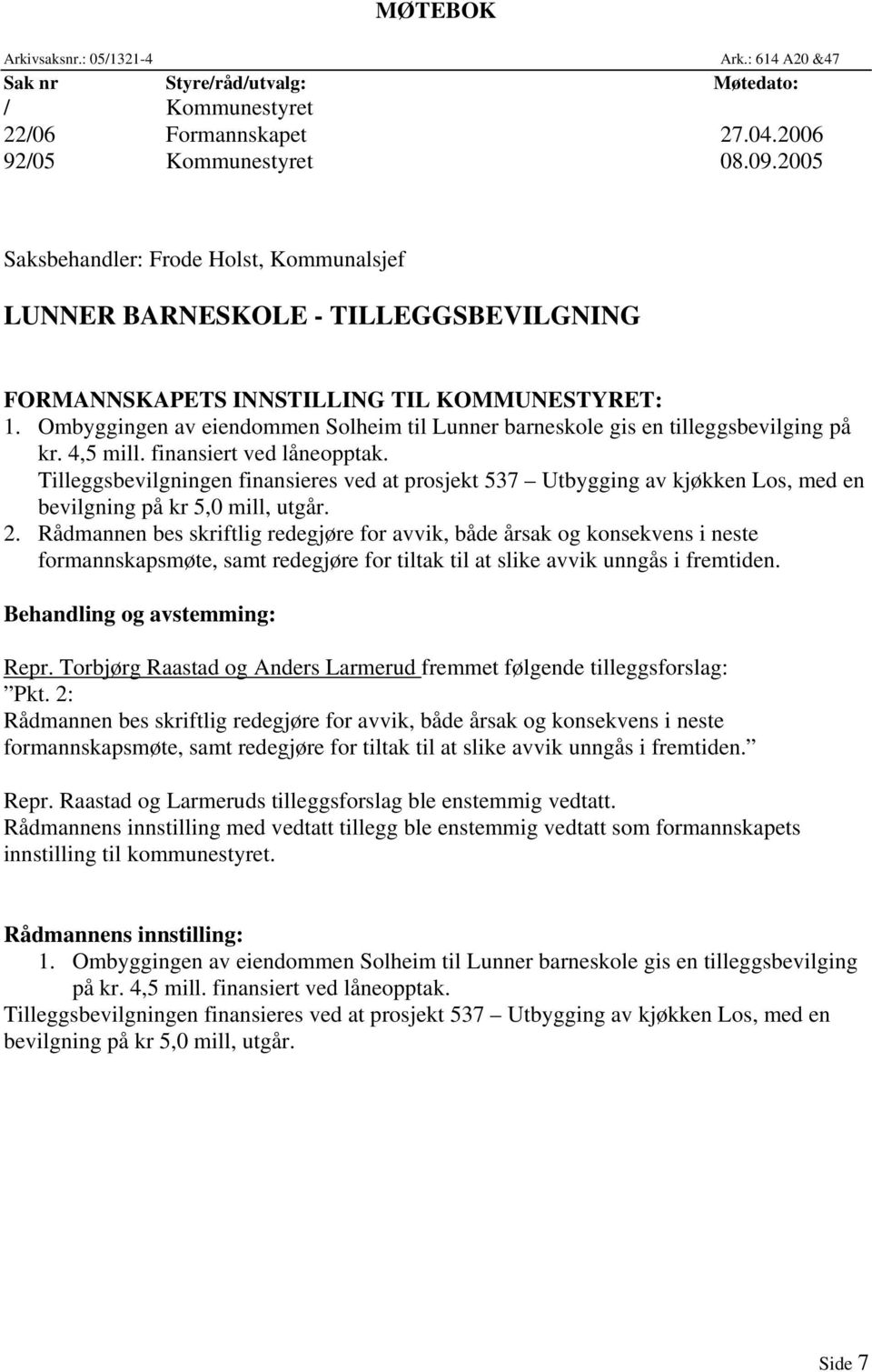 Ombyggingen av eiendommen Solheim til Lunner barneskole gis en tilleggsbevilging på kr. 4,5 mill. finansiert ved låneopptak.