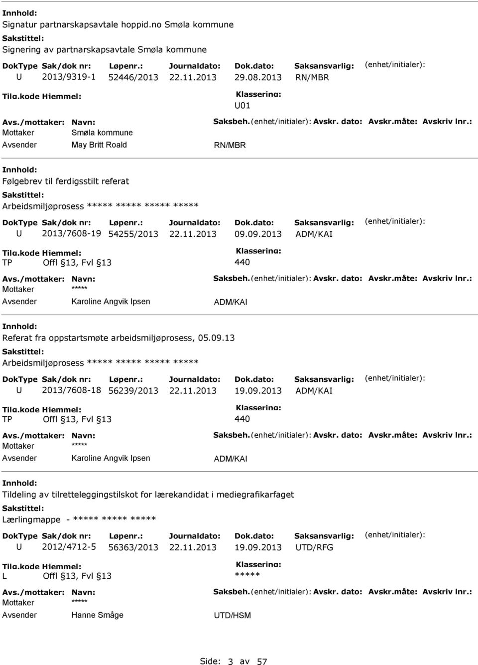måte: Avskriv lnr.: Karoline Angvik psen ADM/KA Referat fra oppstartsmøte arbeidsmiljøprosess, 05.09.13 Arbeidsmiljøprosess 2013/7608-18 56239/2013 19.09.2013 ADM/KA TP 440 Avs.