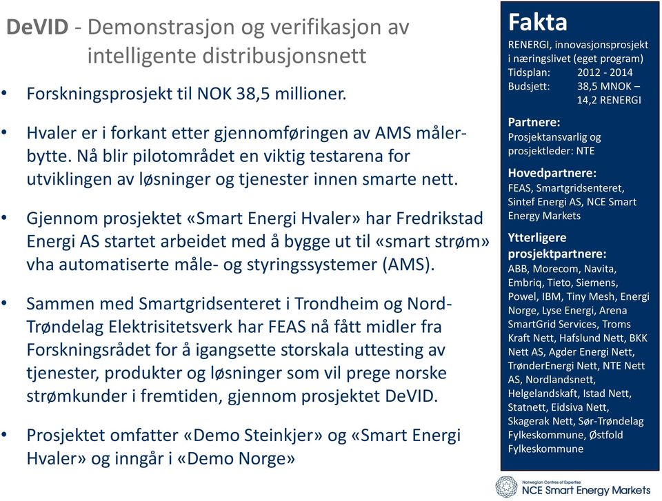 Gjennom prosjektet «Smart Energi Hvaler» har Fredrikstad Energi AS startet arbeidet med å bygge ut til «smart strøm» vha automatiserte måle- og styringssystemer (AMS).