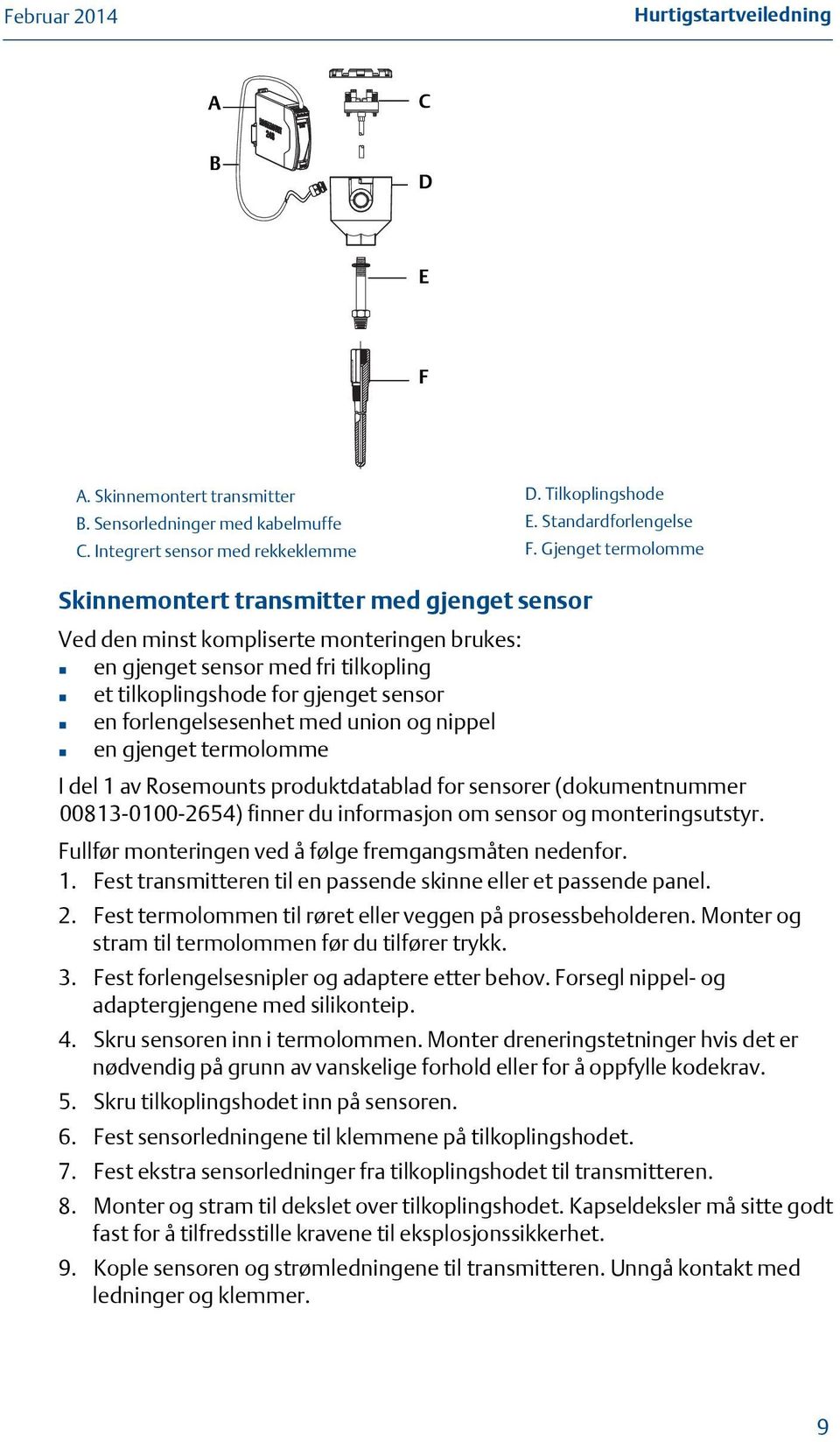 forlengelsesenhet med union og nippel en gjenget termolomme I del 1 av Rosemounts produktdatablad for sensorer (dokumentnummer 00813-0100-2654) finner du informasjon om sensor og monteringsutstyr.