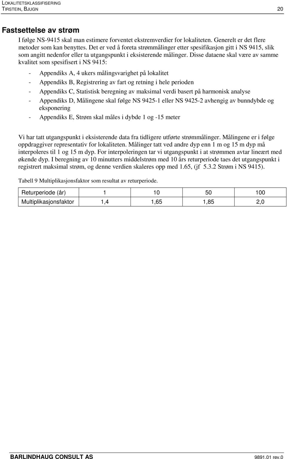 Disse dataene skal være av samme kvalitet som spesifisert i NS 9415: - Appendiks A, 4 ukers målingsvarighet på lokalitet - Appendiks B, Registrering av fart og retning i hele perioden - Appendiks C,