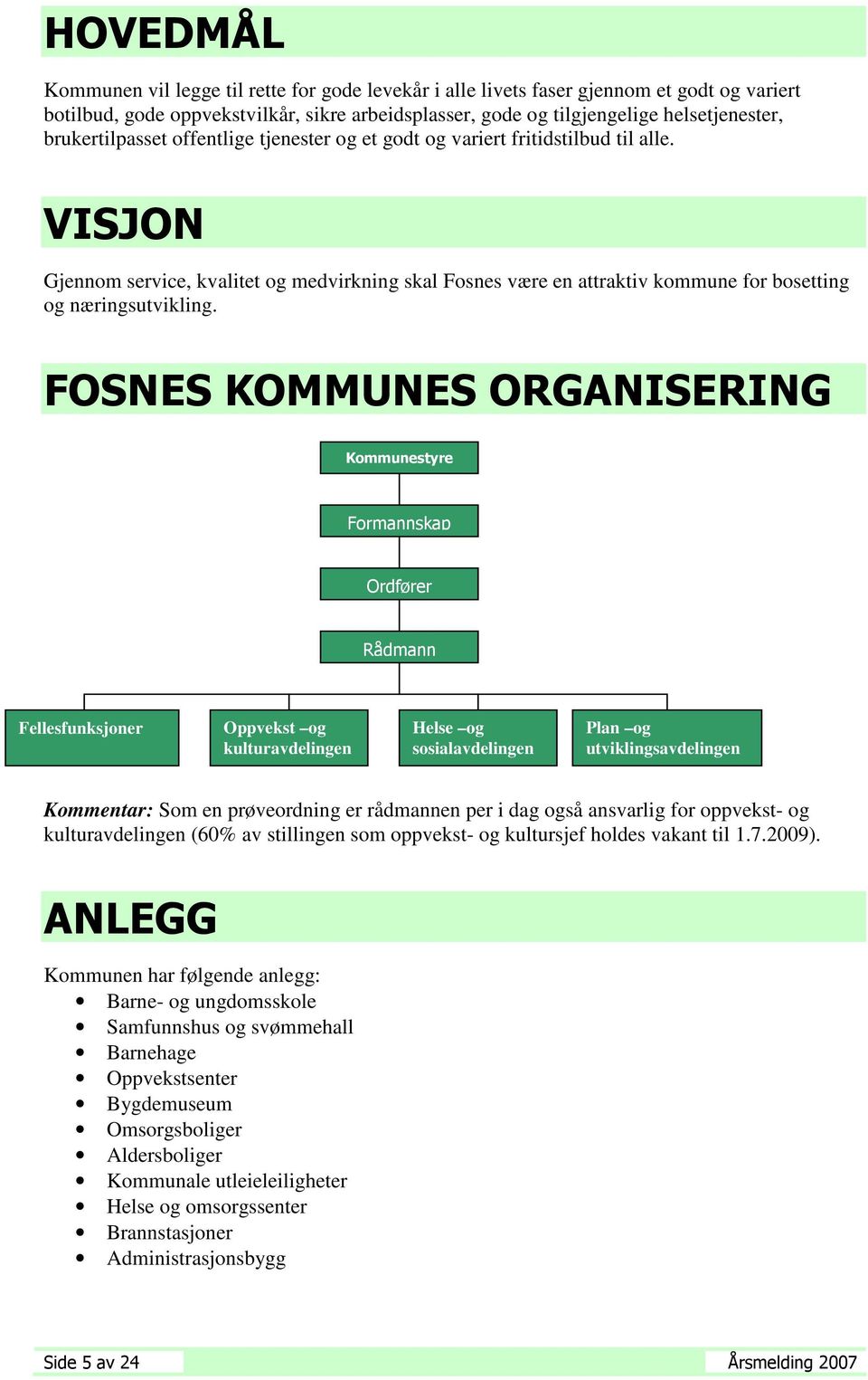 VISJON Gjennom service, kvalitet og medvirkning skal Fosnes være en attraktiv kommune for bosetting og næringsutvikling.
