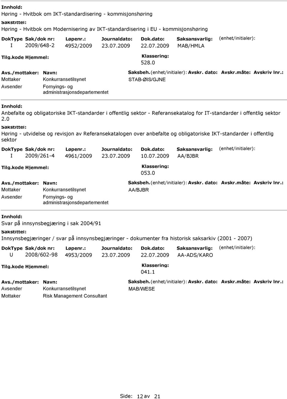 sektor 2.0 Høring - utvidelse og revisjon av Referansekatalogen over anbefalte og obligatoriske KT-standarder i offentlig sektor 2009/261-4 4961/2009 10.07.2009 AA/BJBR 053.