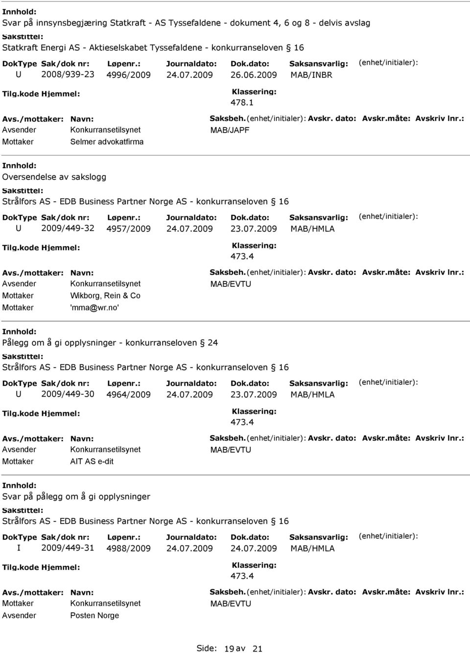 1 MAB/JAPF Selmer advokatfirma Oversendelse av sakslogg 2009/449-32 4957/2009 MAB/EVT Wikborg, Rein & Co 'mma@wr.