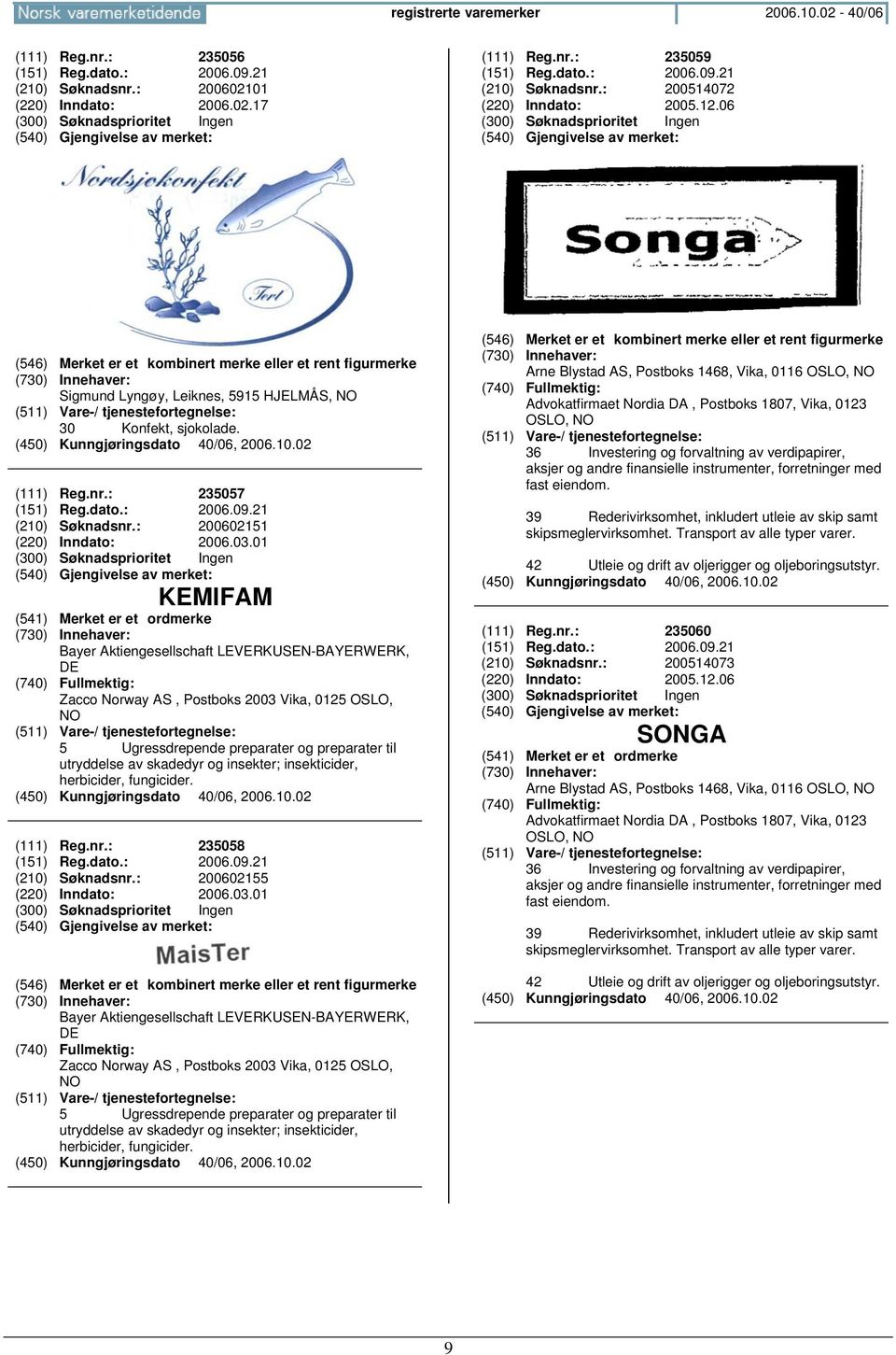 01 KEMIFAM Bayer Aktiengesellschaft LEVERKUSEN-BAYERWERK, DE Zacco Norway AS, Postboks 2003 Vika, 0125 OSLO, NO 5 Ugressdrepende preparater og preparater til utryddelse av skadedyr og insekter;