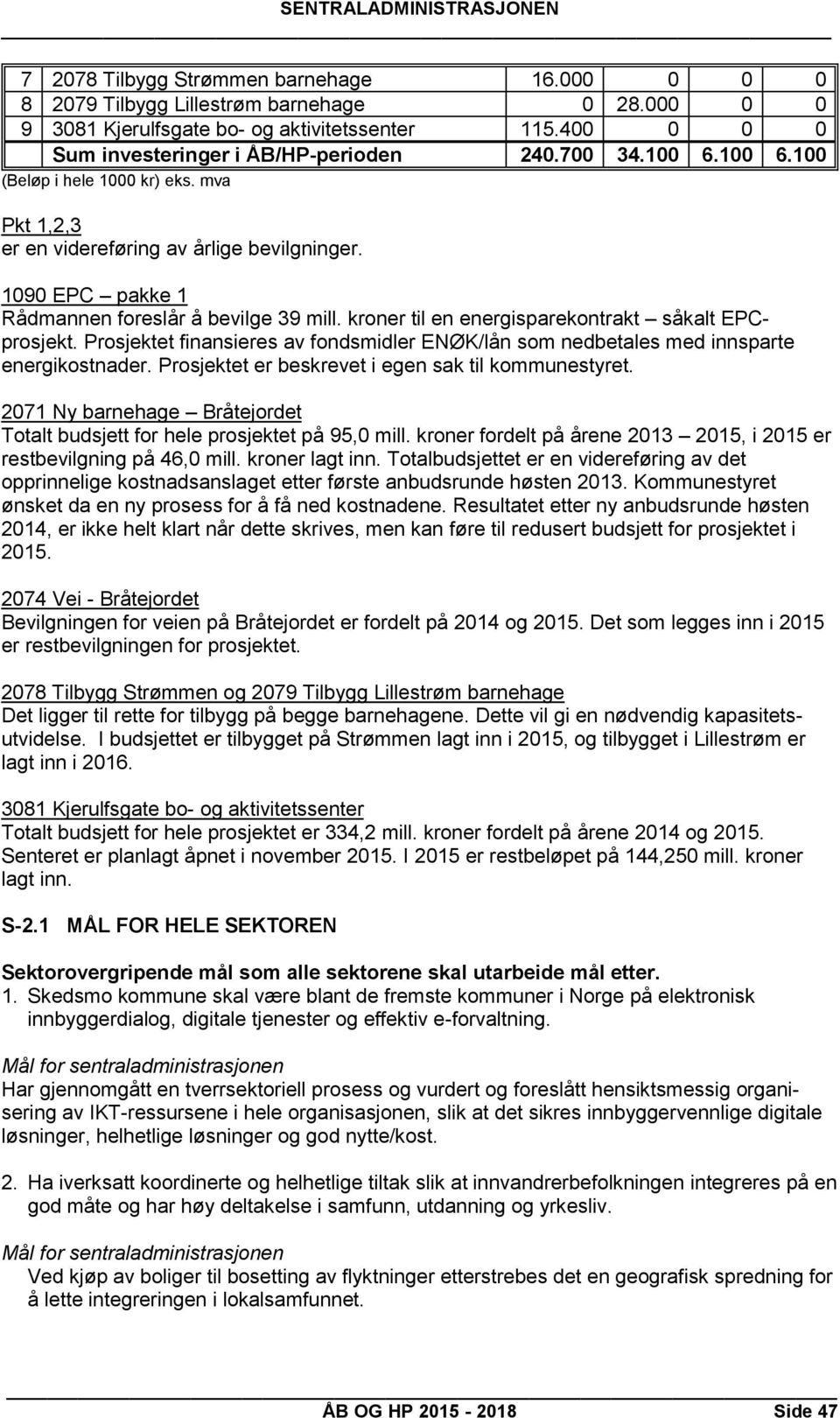 kroner til en energisparekontrakt såkalt EPCprosjekt. Prosjektet finansieres av fondsmidler ENØK/lån som nedbetales med innsparte energikostnader. Prosjektet er beskrevet i egen sak til kommunestyret.