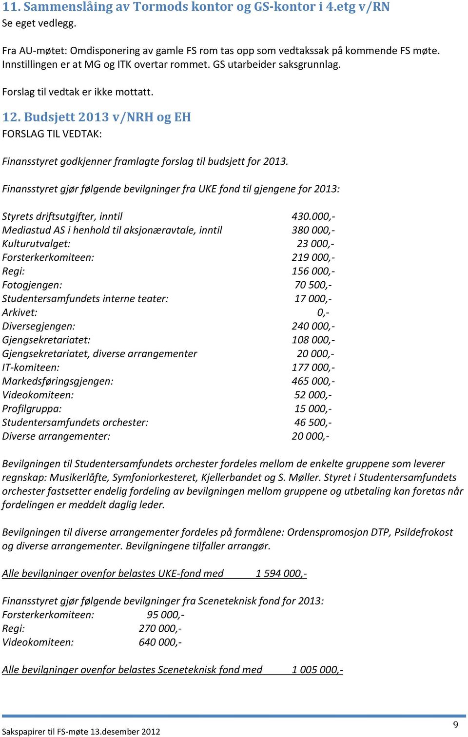 Budsjett 2013 v/nrh og EH FORSLAG TIL VEDTAK: Finansstyret godkjenner framlagte forslag til budsjett for 2013.