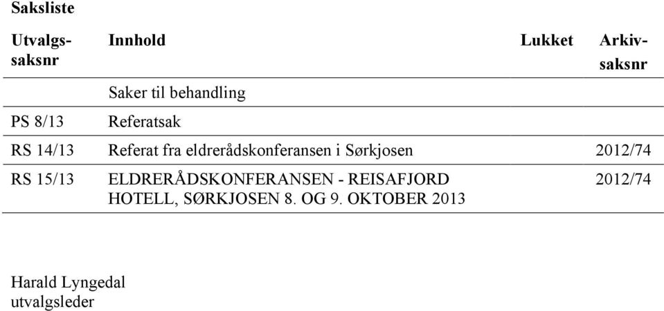 i Sørkjosen 2012/74 RS 15/13 ELDRERÅDSKONFERANSEN - REISAFJORD